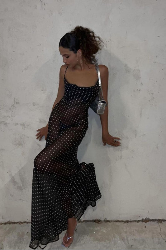 Polka Dot Square Neck Backless Cami Maxi Dress