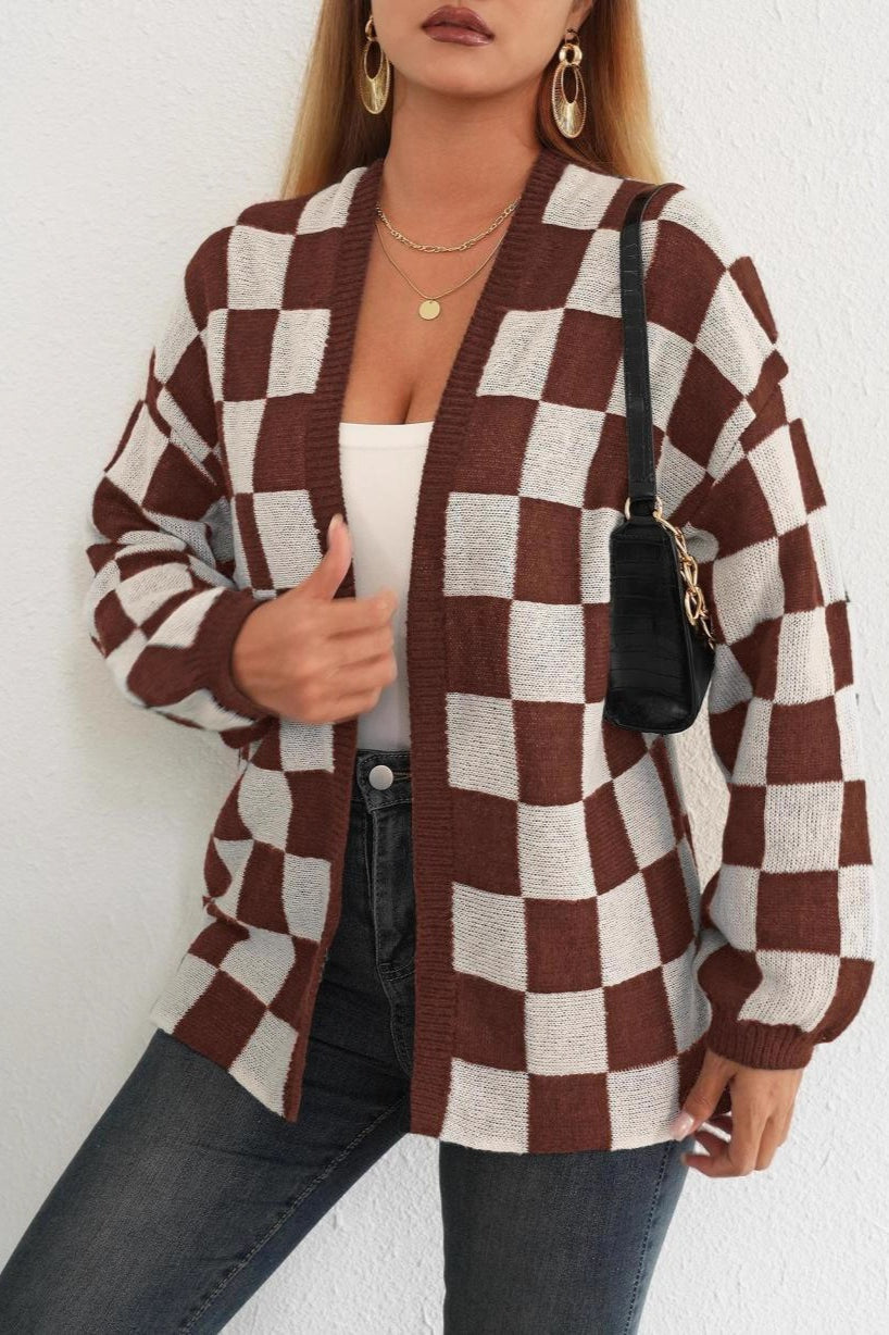 Checkered Knit Cardigan S / Brown