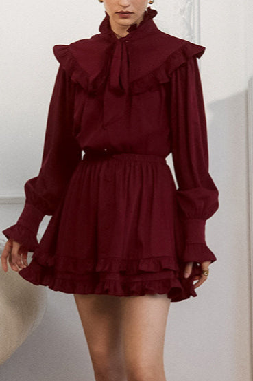 Elegant Bow Tie Lace Up Long Sleeve A Line Mini Dress