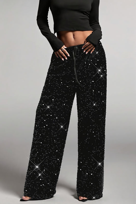 Sequin Drawstring Wide Leg Pants