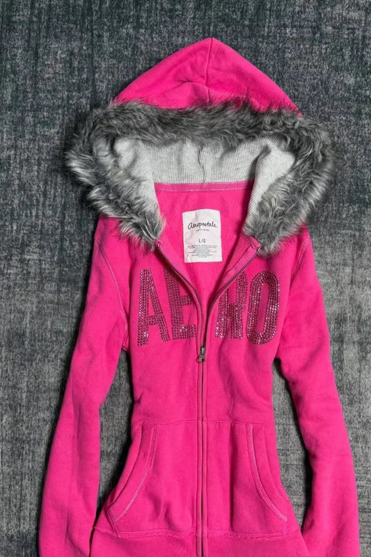 Faux Fur Rhinestone Fitted Zip Hoodie