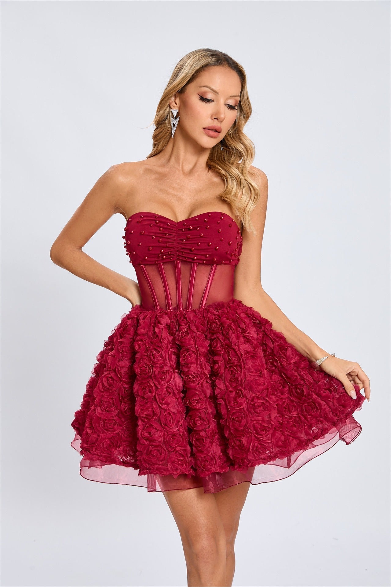Beaded Strapless Puff Party Dress
