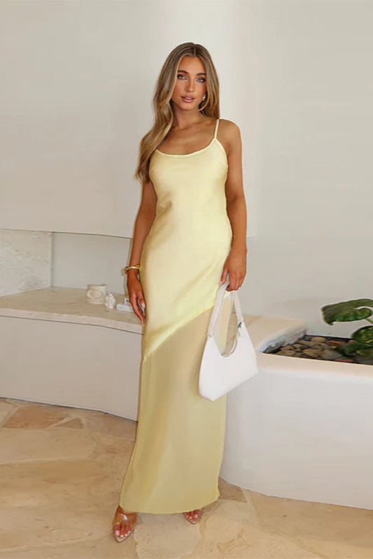 Elegantes, tailliertes Maxikleid aus Satin-Netzstoff