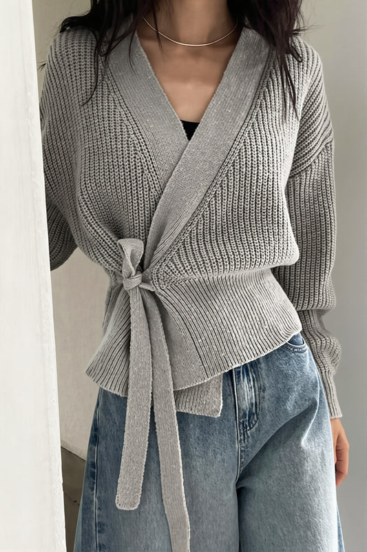 Casual Wrap Tie Ribbed Cardigan
