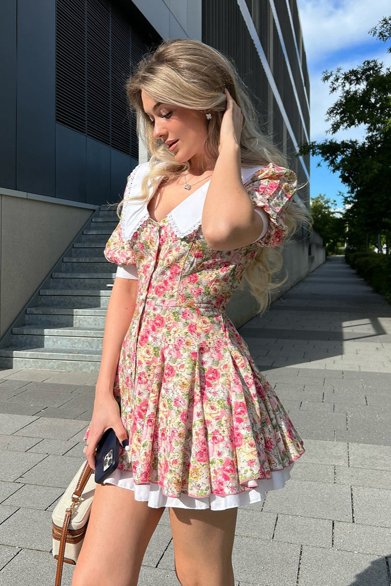 Peter Pan Collar Floral Puff Sleeve Button Mini Dress – PrincessAce