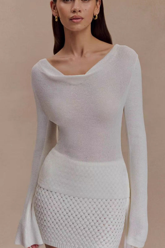 Sexy Slim-Fit Waist-Cinched Lace-Knit U-Neck Sweater