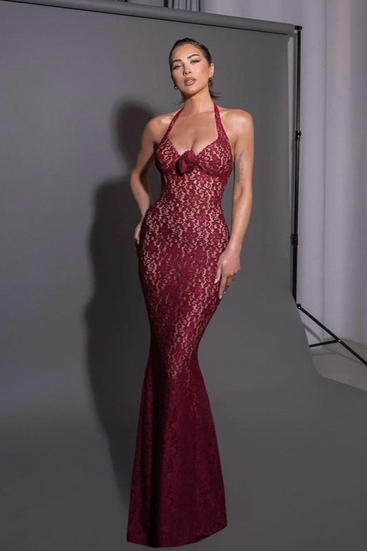 Robe longue moulante ajustée en dentelle à col licou