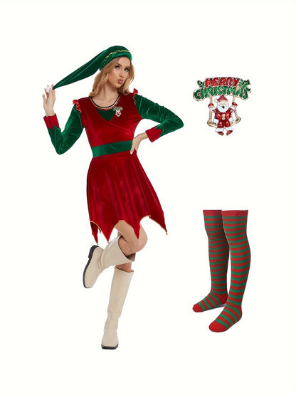 Four-Piece Elf Costume Set with Brooch and Socks for Holiday Attire Christmas Costume