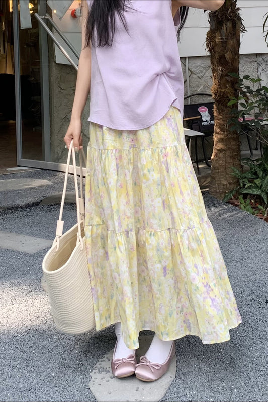 Monet Garden Yellow Floral Midi Skirt