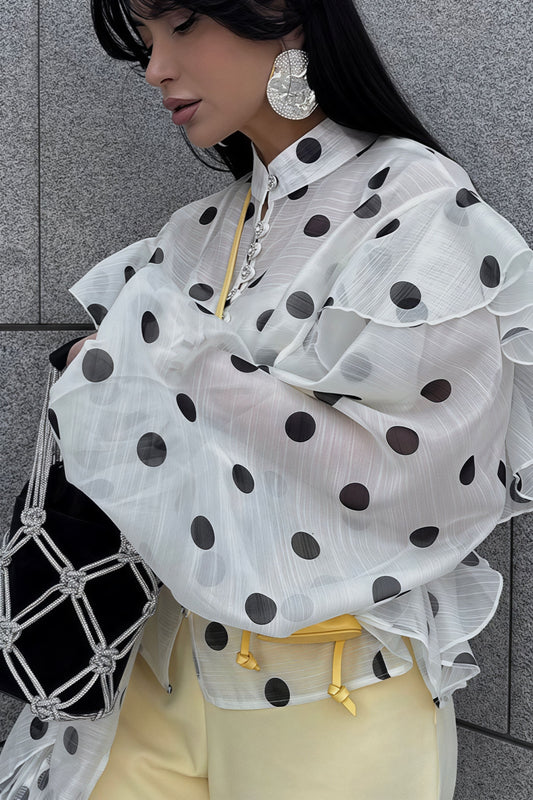 Dot Ruffled Tie Stand Collar Blouse