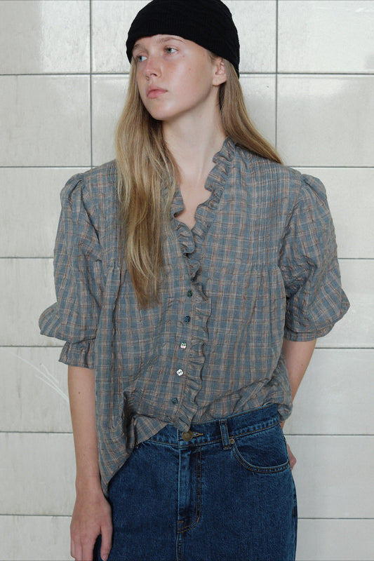 Casual Plaid Ruffle Long Sleeve Blouse