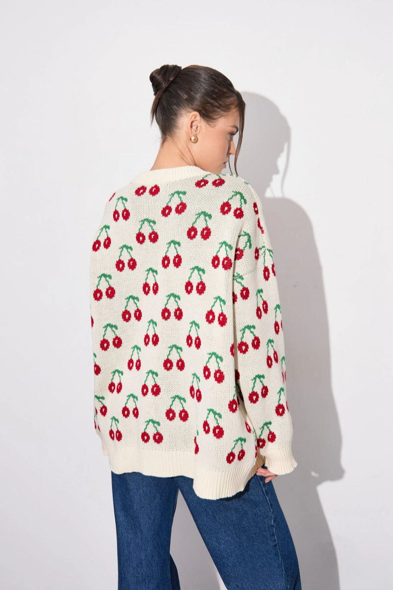 Cherry Crew Neck Mid Length Knit Sweater