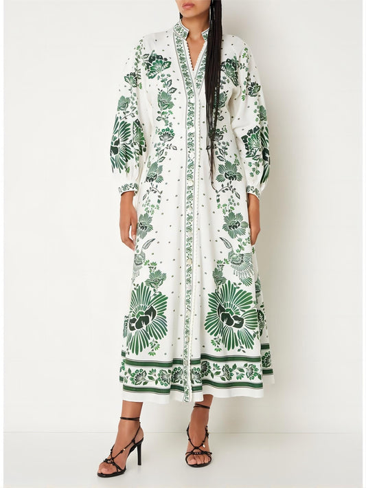 Vintage Floral Print Lantern Graceful Long Sleeve Midi Dress