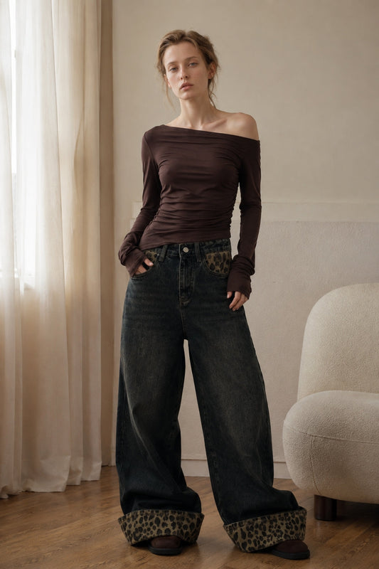 Patchwork Vintage Leopard Cuffed Wide Leg Jeans