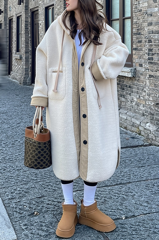 Hooded Teddy Button Front Long Coat