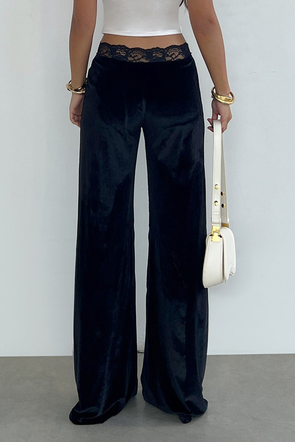 Rhinestone Lace Waist Patchwork Velvet Pants
