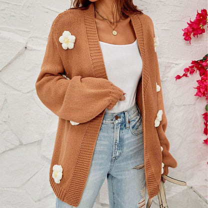 Casual with 3D Flower Cardigan Decoration