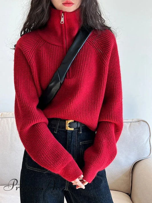 100% Cashmere Semi-Turtleneck Loose Thick Red Knit Christmas Sweater / S Sweaters-L