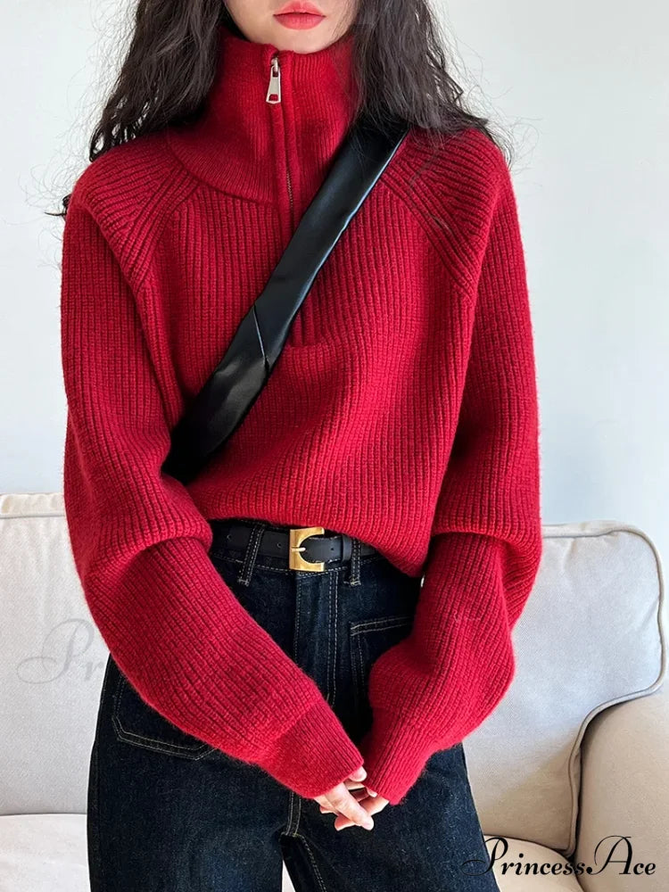 100% Cashmere Semi-Turtleneck Loose Thick Red Knit Christmas Sweater / S Sweaters-L