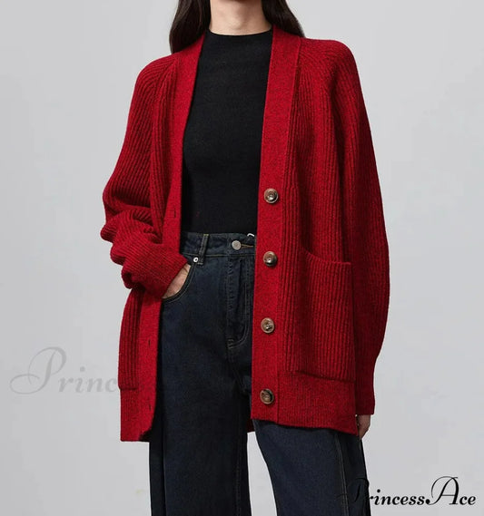 100% Merino Wool V-Neck Thicken Cardigan Red / M Cardigan-241208