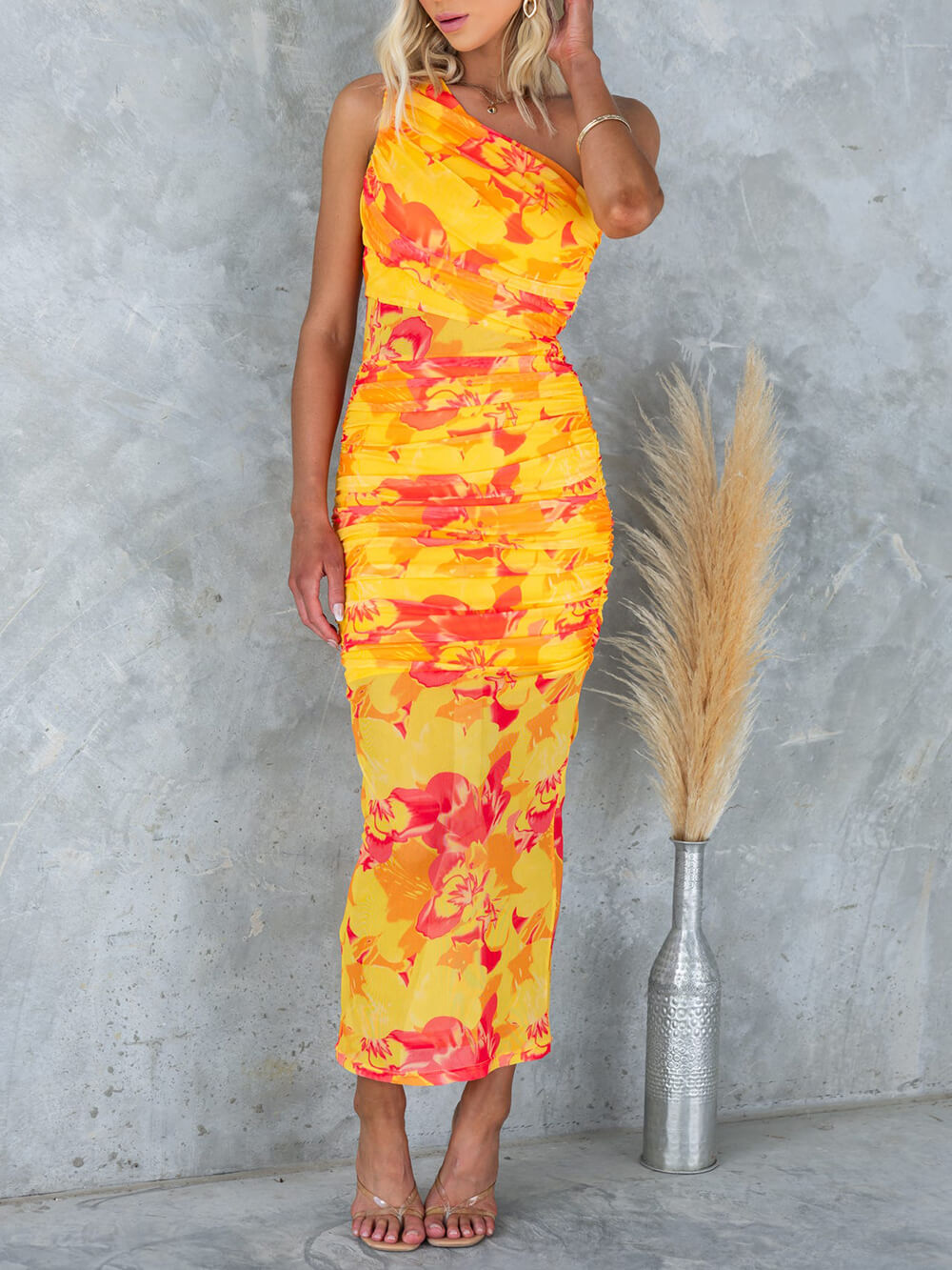 Mesh Overlay Printed One Graceful Shoulder Ruched Stretch Maxi Dress Dresses