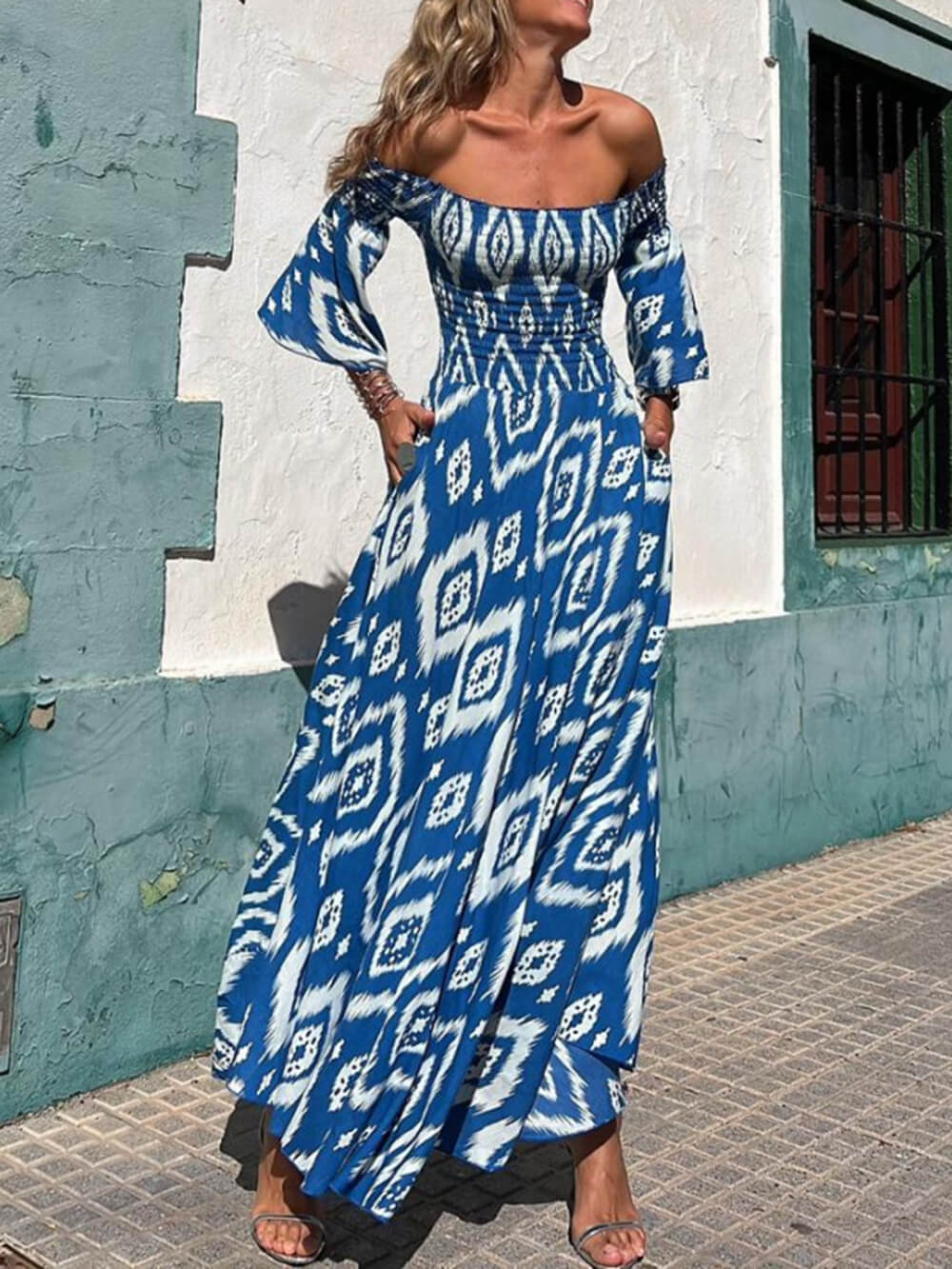 Vacation Ethnic Print Smocked Graceful Off Shoulder Pocketed Maxi Dress Dresses