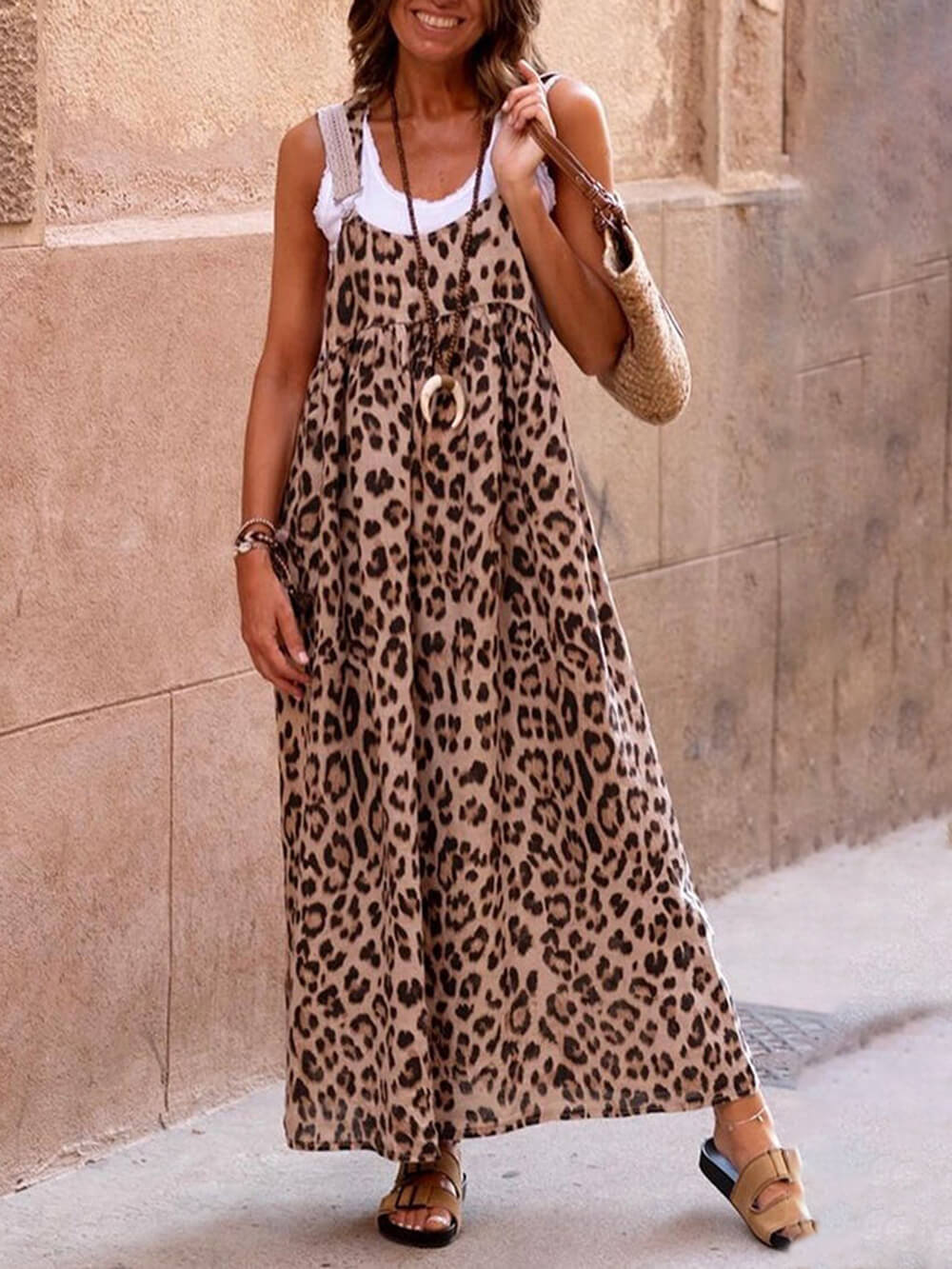 Leopard Print Patchwork Charming Suspender Maxi Dress