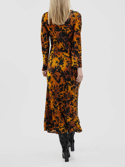 Delicate Satin Printed Slit Graceful Long Sleeve Midi Dress