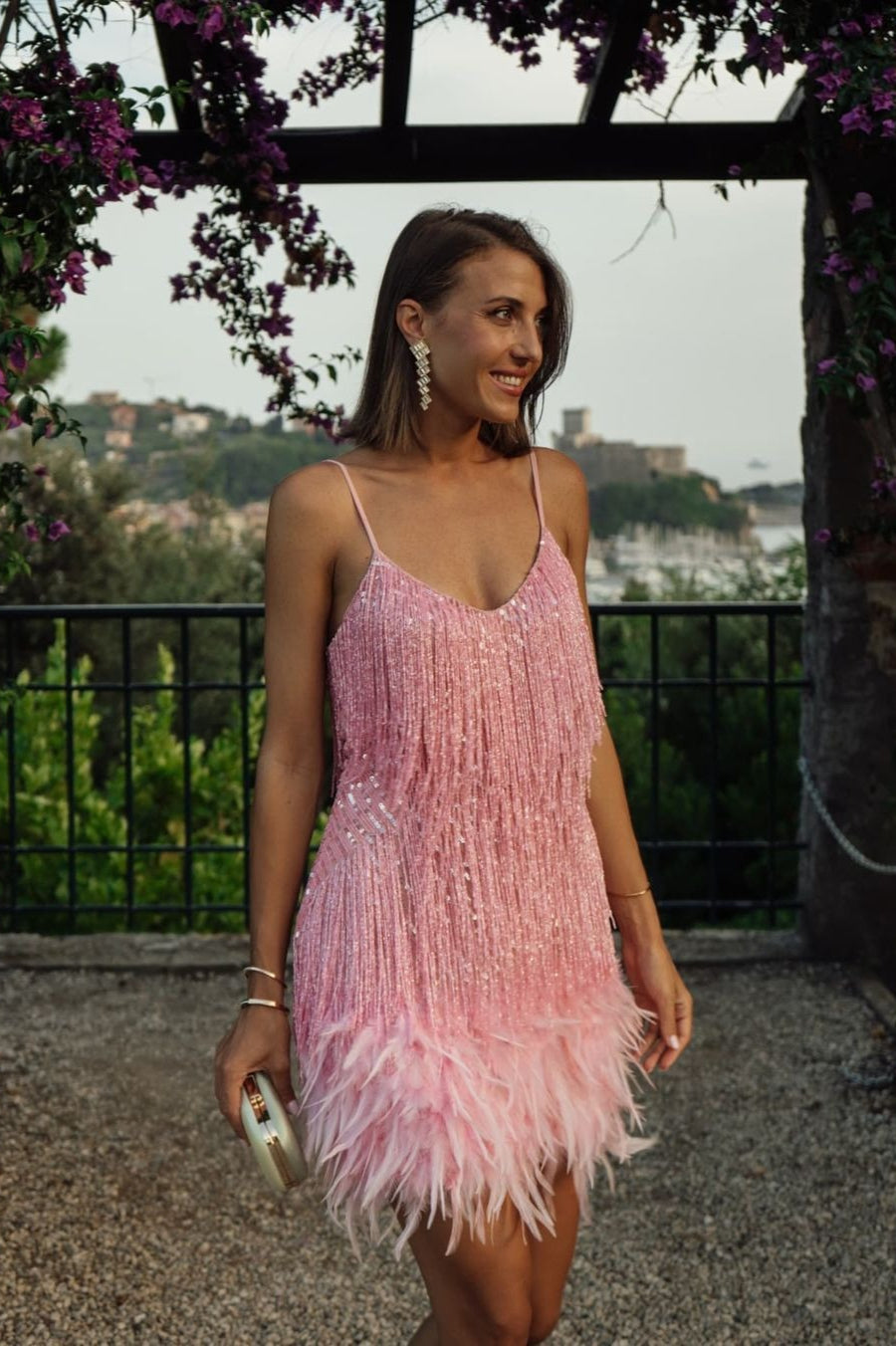 Feather Trim Sequin Cami Party Dress