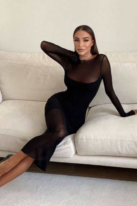 Long-Sleeve Patchwork Fitted Mesh Maxi Dress