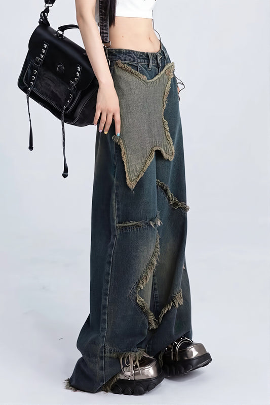 Oversized Star Patch Raw Edge Jeans