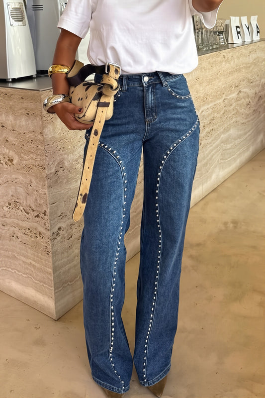 Studded Curved Seam Straight Leg Jeans