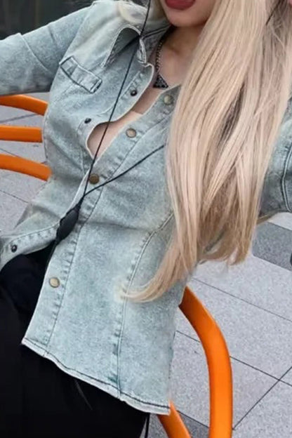 Denim Blouse with Bell Sleeves and Lapel