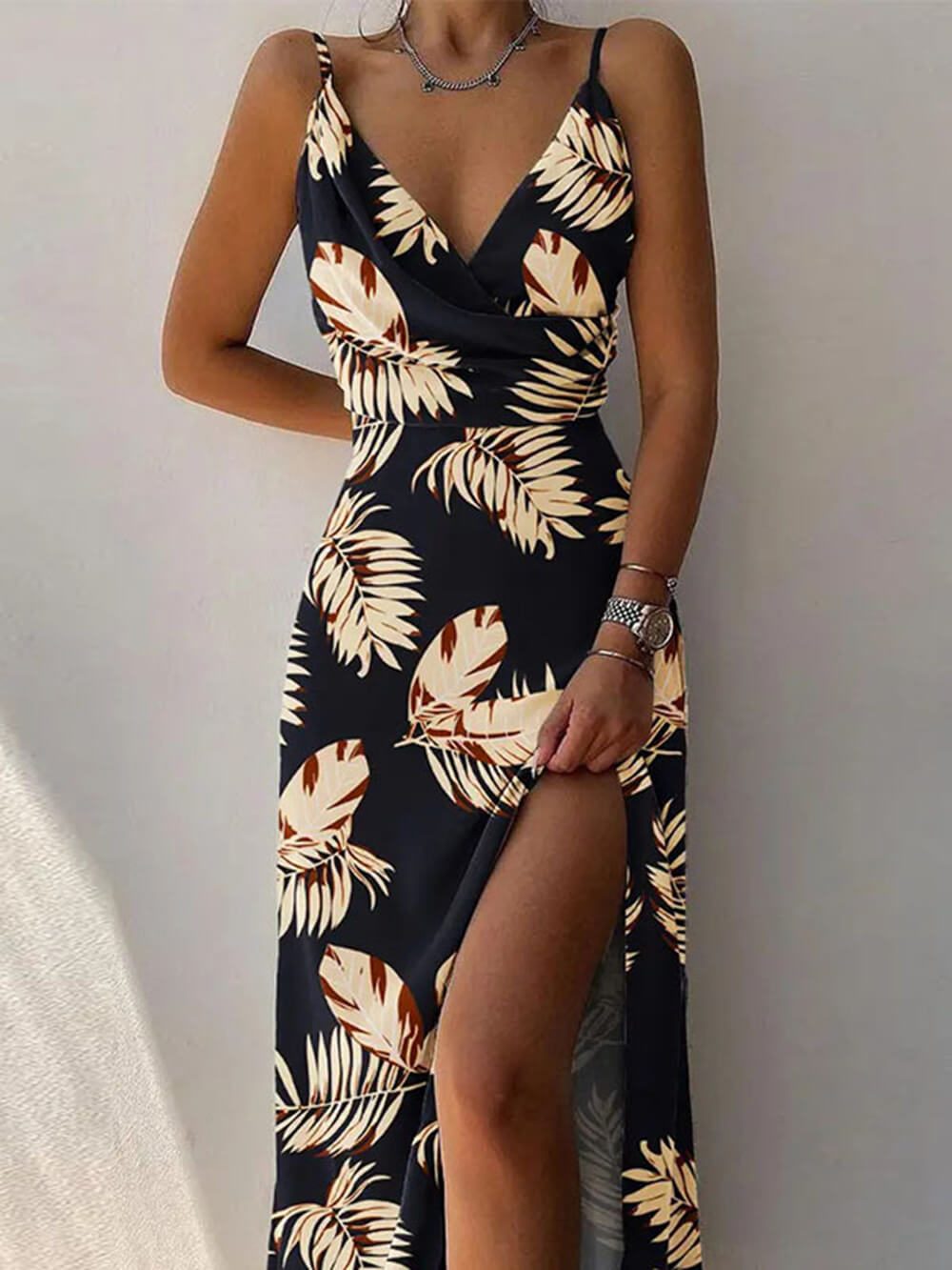 Elegant Unique Printed Spaghetti Graceful Strap Pleated Leg Slit Dress