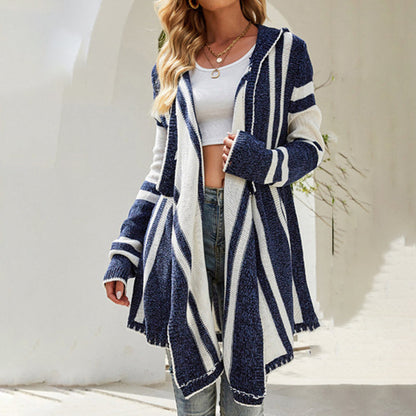 Casual Striped Hooded Cardigan Blue best Best Sellings cardigan cardigans clothes Sale tops Topseller