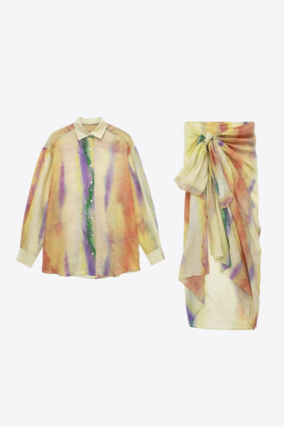 Tie-Dye Long Sleeve Shirt and Tied Skirt Set Multicolor 2 pieces clothes Dragon-L long sleeve shirts long sleeve top long sleeve tops midi skirts set sets Ship From Overseas Shipping Delay 10/01/2023 - 10/03/2023 shirt shirts skirt skirts top tops