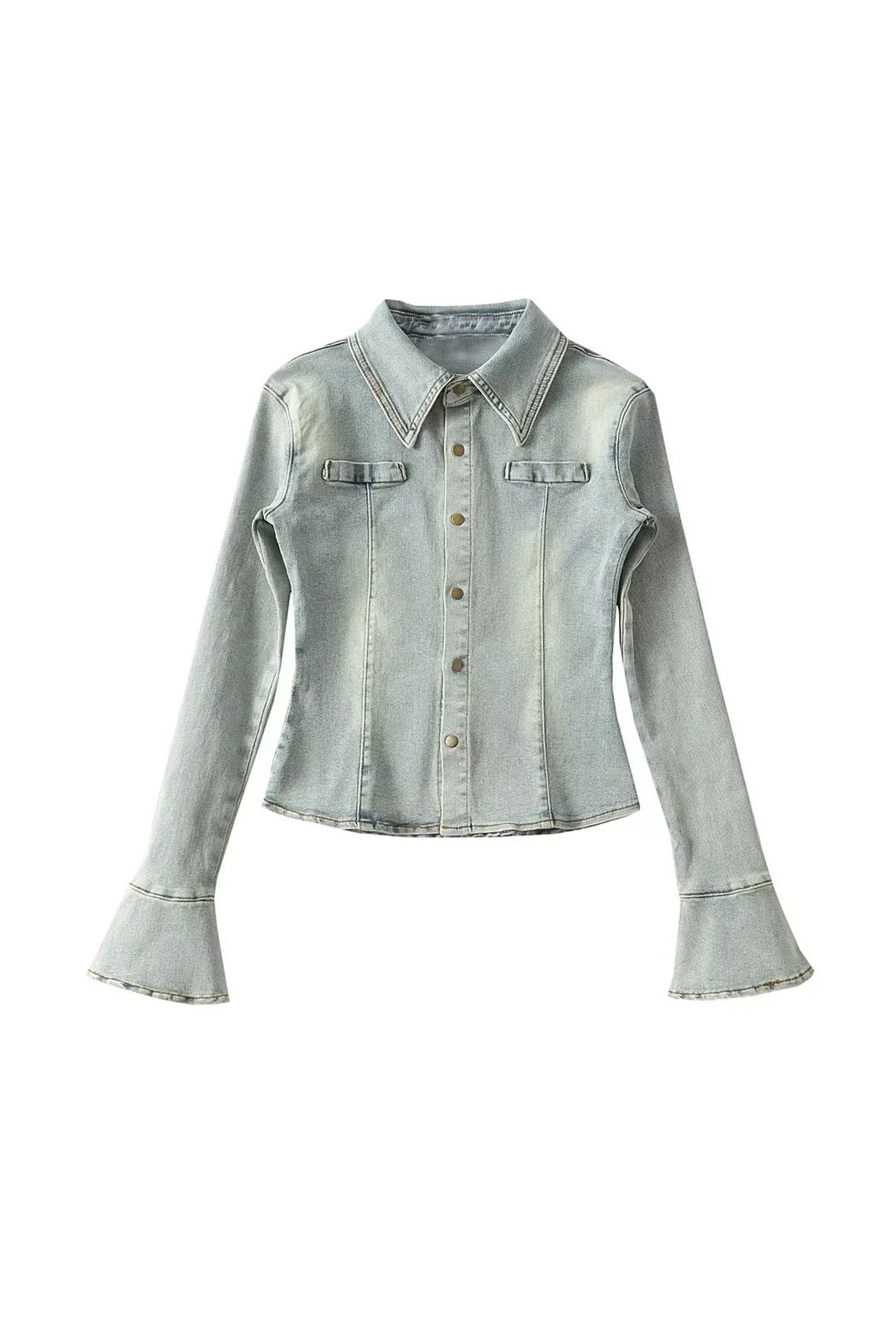 Denim Blouse with Bell Sleeves and Lapel