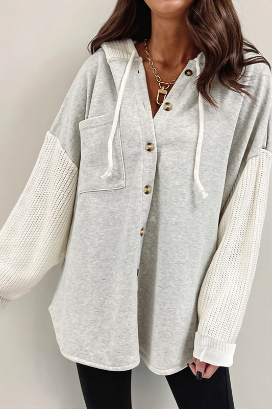 Ribbed Sleeve Patchwork Button Hoodie