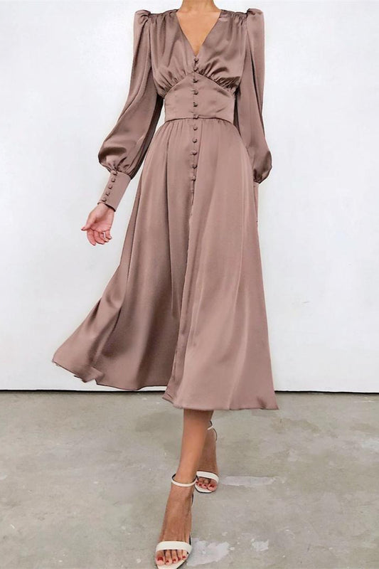 Vintage Satin Puff Sleeve Tailored Midi Dress