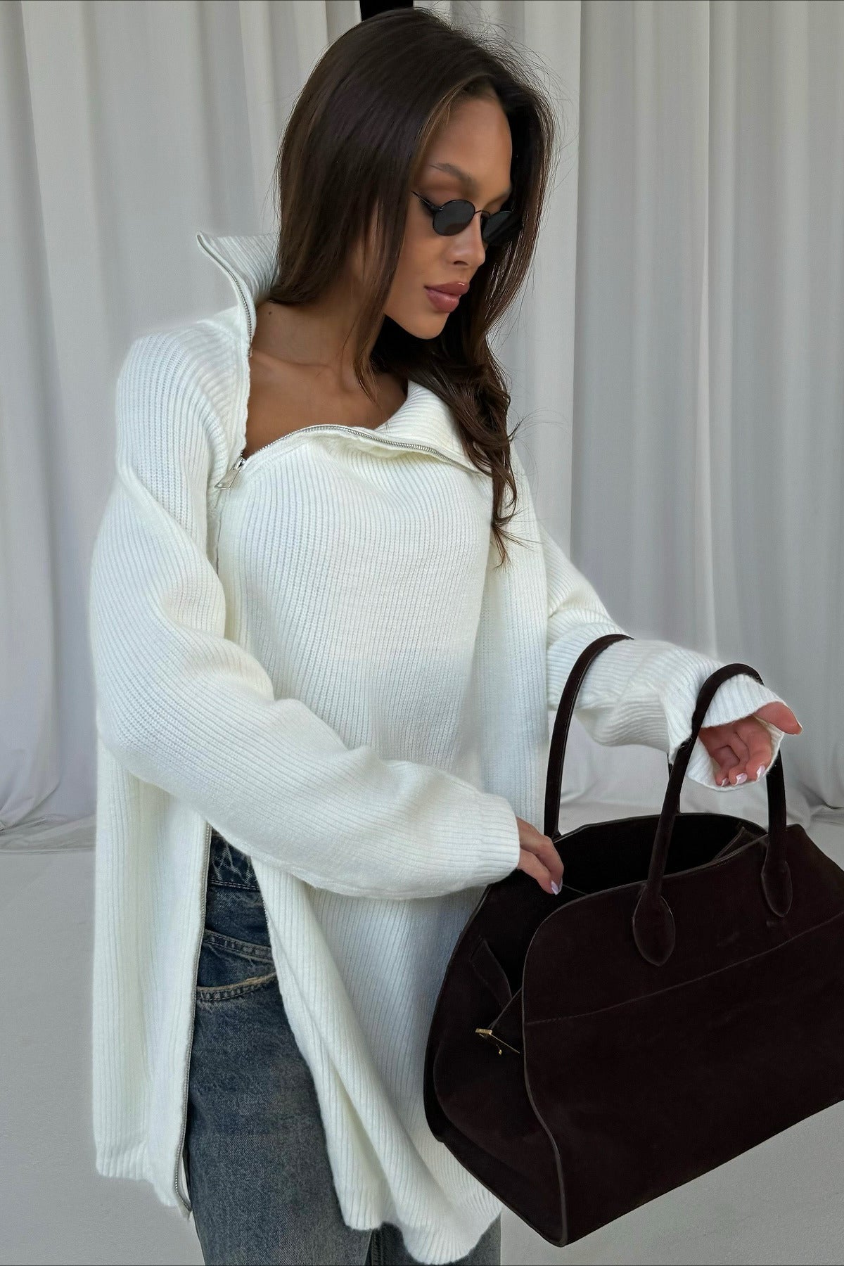 Irregular Zip High Neck Mid-Length Loose Sweater