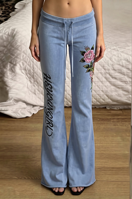 Floral Letter Print Low Rise Flared Pants
