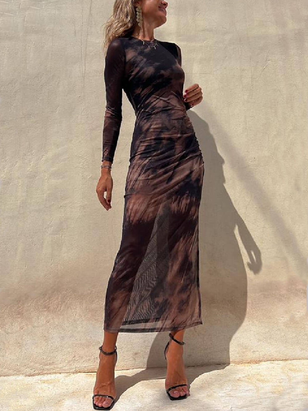 Charm Lady Mesh Overlay Tie Dye Modern Print Long Sleeve Ruched Stretch Midi Dress