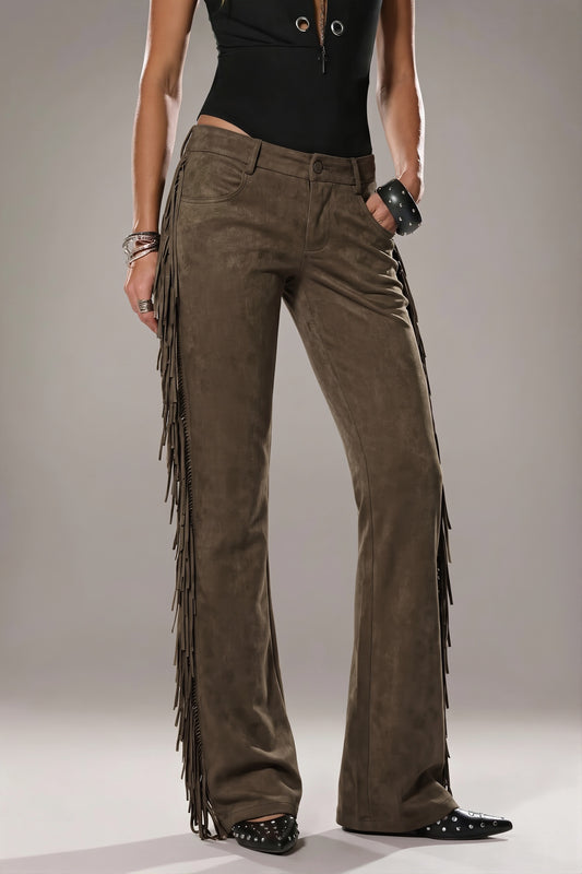 Side Fringe Suede Look Wide Leg Pants