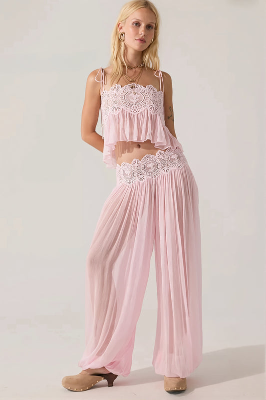 Lace Chiffon Pleated Two Piece Set