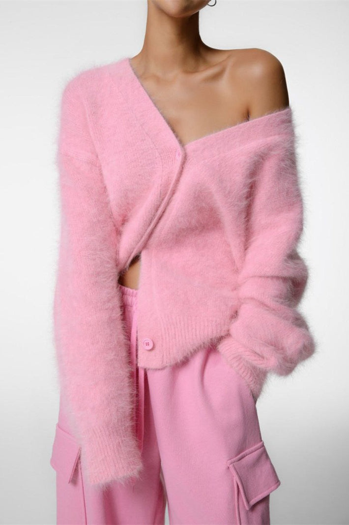V Neck Fluffy Knit Cardigan Sweater