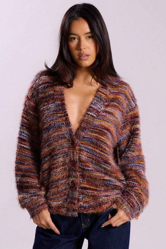 New Retro Fashion Deep V-Neck Maillard Plush Long-Sleeve Knit Cardigan