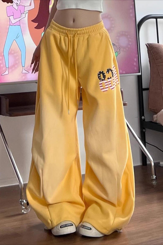 Yellow Graphic Loose Casual Sweat Pants