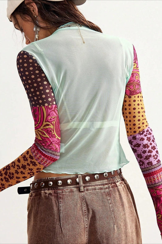 Print Mock Neck Sheer Long Sleeve Tee