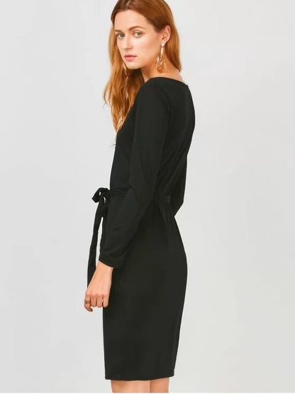 Elegant Long Sleeve Button Up Slit Sheath Dress