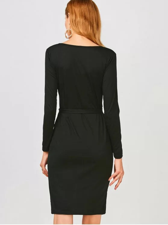 Elegant Long Sleeve Button Up Slit Sheath Dress